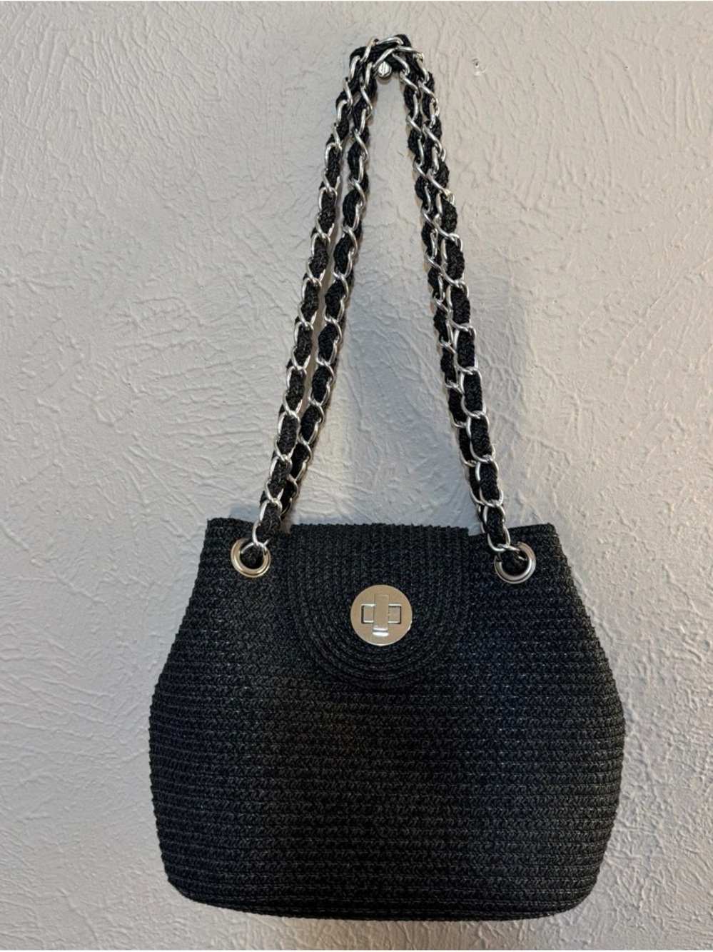 Black Woven Chain-Handle Shoulder Bag